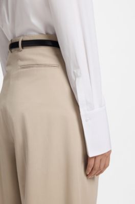Camisa de manga larga en algod&oacute;n con detalle plisado, Blanco