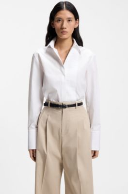 Camisa de manga larga en algod&oacute;n con detalle plisado, Blanco