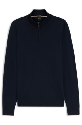 Pull en laine m&eacute;rinos avec encolure zipp&eacute;e, Bleu fonc&eacute;