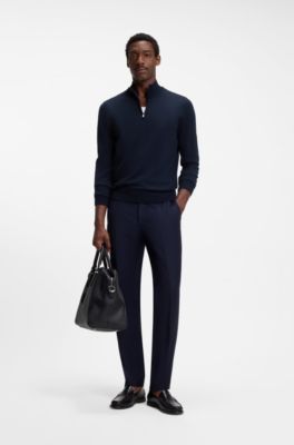 Pull en laine m&eacute;rinos avec encolure zipp&eacute;e, Bleu fonc&eacute;