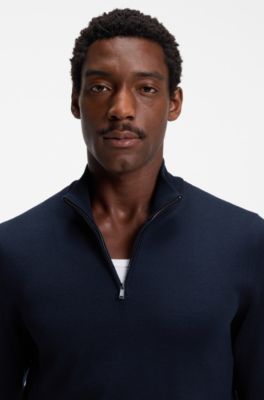 Pull en laine m&eacute;rinos avec encolure zipp&eacute;e, Bleu fonc&eacute;