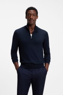 Pull en laine m&eacute;rinos avec encolure zipp&eacute;e, Bleu fonc&eacute;