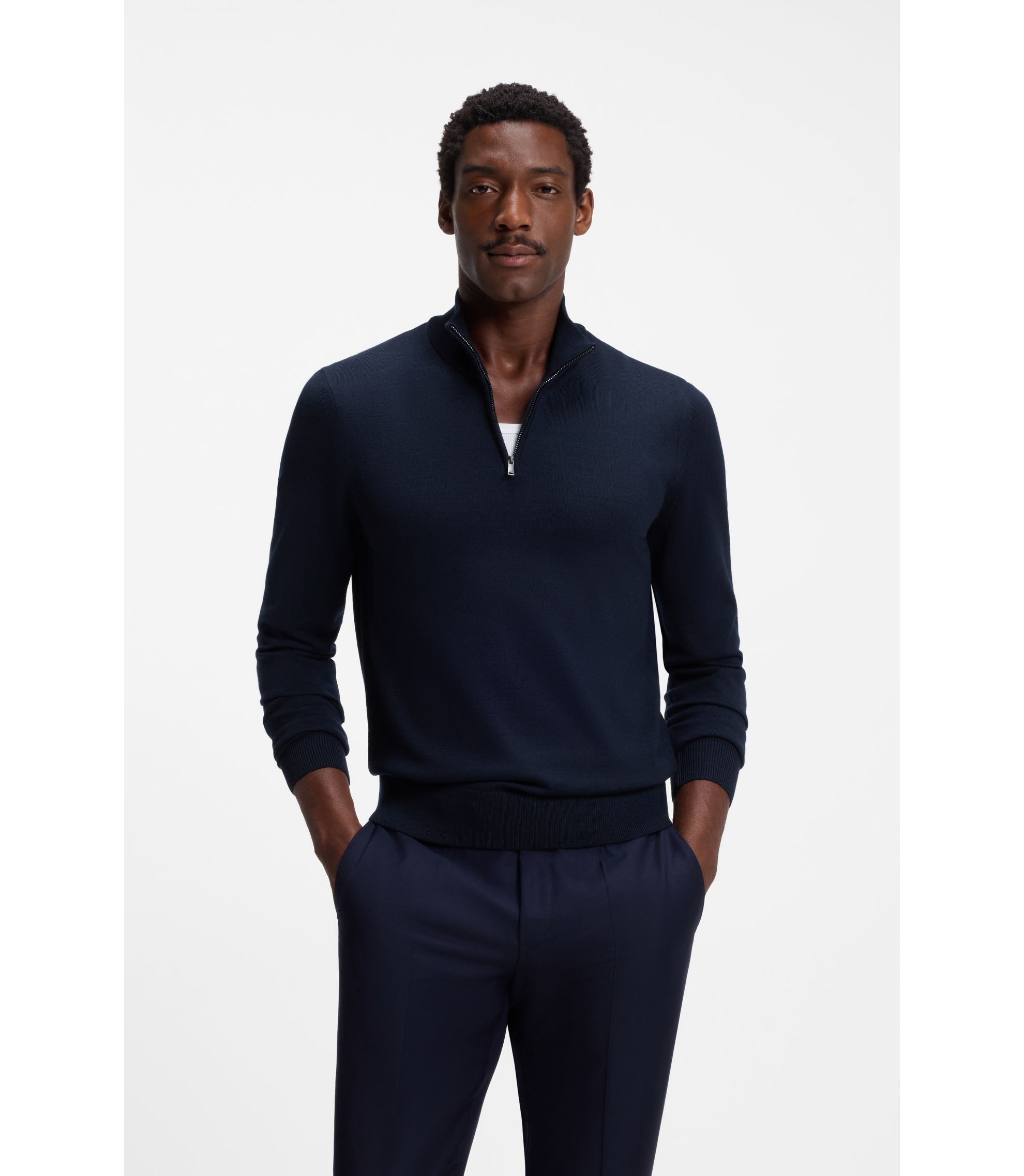 BOSS - Merino-wool sweater with zipper neck - Dark Blue