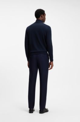 Pull en laine m&eacute;rinos avec encolure zipp&eacute;e, Bleu fonc&eacute;