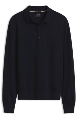 Polo en maille en laine m&eacute;rinos, Bleu fonc&eacute;
