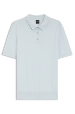 Regular-fit knit polo in structured fabric, Light Blue