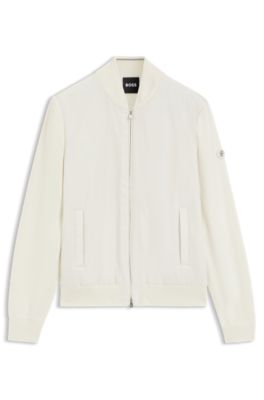 Cotton-knit hybrid jacket with bomber collar, White