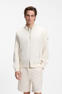 Cotton-knit hybrid jacket with bomber collar, White
