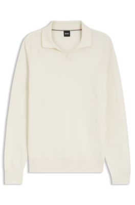 Knitted cotton sweater with Johnny collar, White