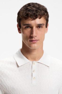 Cable-knit polo sweater in cotton and cashmere, White