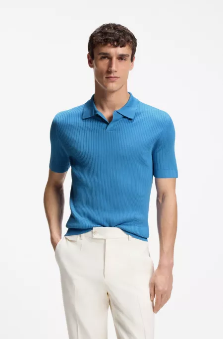 Silk knit polo with ribbed texture