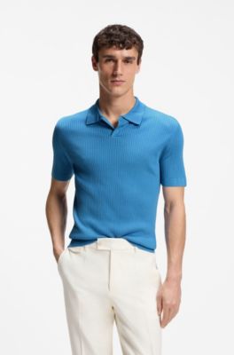 Polo en maille de soie &agrave; la structure c&ocirc;tel&eacute;e, bleu clair