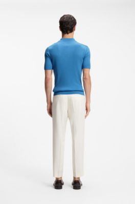 Polo en maille de soie &agrave; la structure c&ocirc;tel&eacute;e, bleu clair