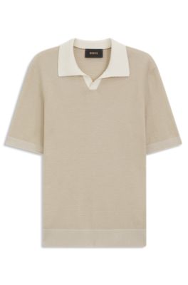 Polo en maille de coton et de soie &agrave; col Johnny, Beige clair