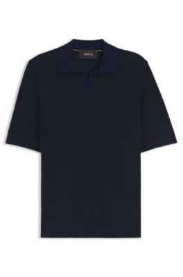 Polo de punto en algod&oacute;n y seda con cuello abierto, Azul oscuro