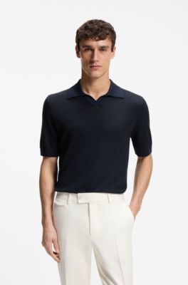Polo de punto en algod&oacute;n y seda con cuello abierto, Azul oscuro