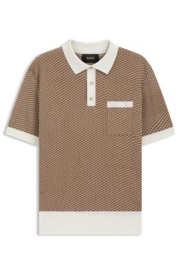 Cotton-silk knit polo with geometric pattern, Brown