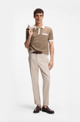 Cotton-silk knit polo with geometric pattern, Brown