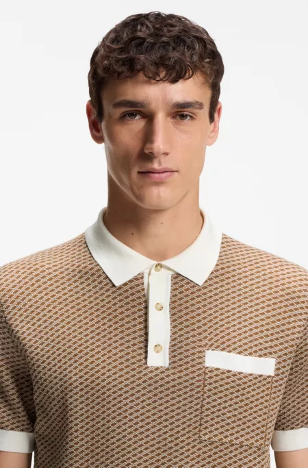 Cotton-silk knit polo with geometric pattern