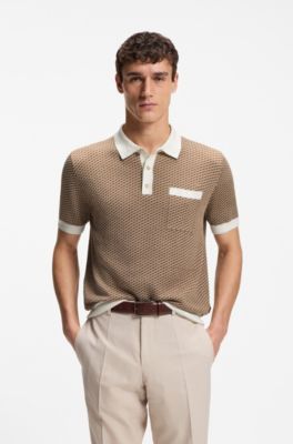 Cotton-silk knit polo with geometric pattern, Brown