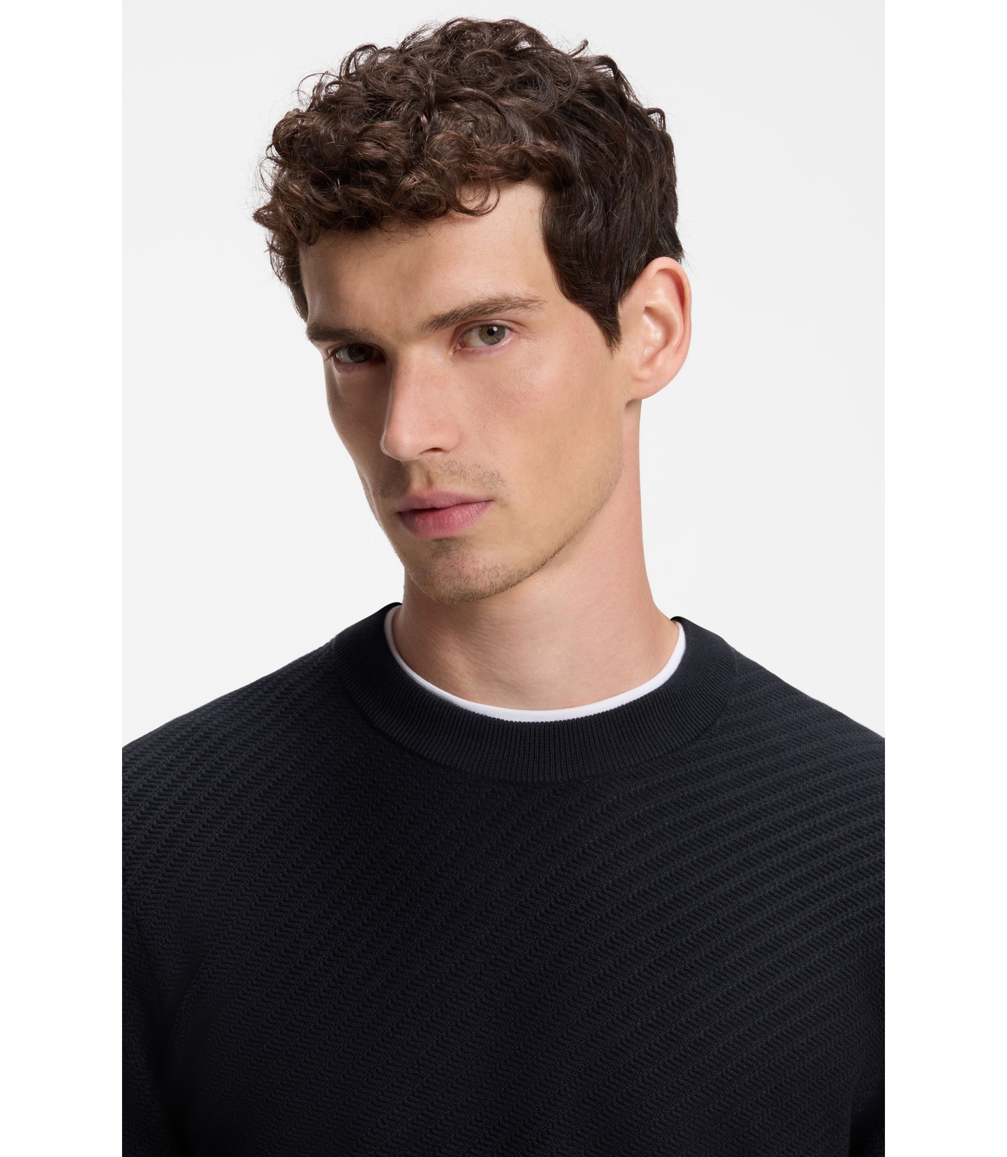 BOSS - Regular-fit sweater in diagonal-structured cotton - Dark Blue
