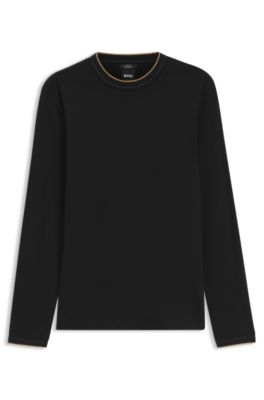 Camiseta de manga larga en algod&oacute;n mercerizado con ribetes en tono diferente, Negro