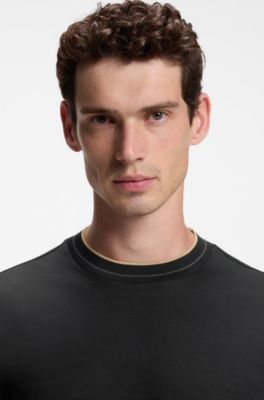 Camiseta de manga larga en algod&oacute;n mercerizado con ribetes en tono diferente, Negro