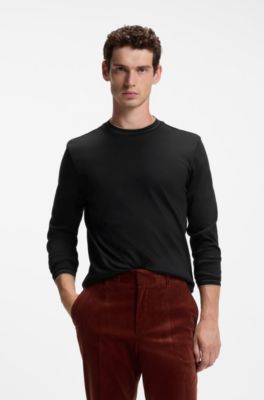 Camiseta de manga larga en algod&oacute;n mercerizado con ribetes en tono diferente, Negro