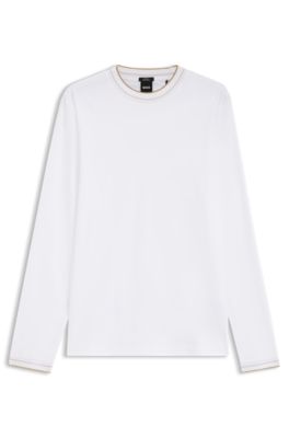 Camiseta de manga larga en algod&oacute;n mercerizado con ribetes en tono diferente, Blanco