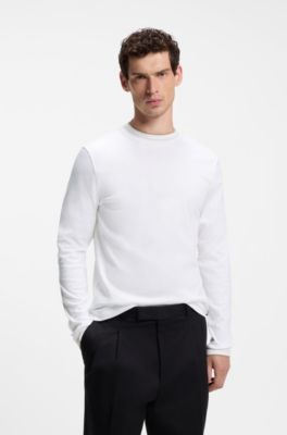 Camiseta de manga larga en algod&oacute;n mercerizado con ribetes en tono diferente, Blanco