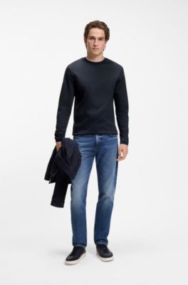Camiseta de manga larga en algod&oacute;n mercerizado con ribetes en tono diferente, Azul oscuro