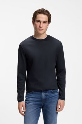 Camiseta de manga larga en algod&oacute;n mercerizado con ribetes en tono diferente, Azul oscuro