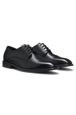 Italian-made Derby shoes in leather with cap toe, Black