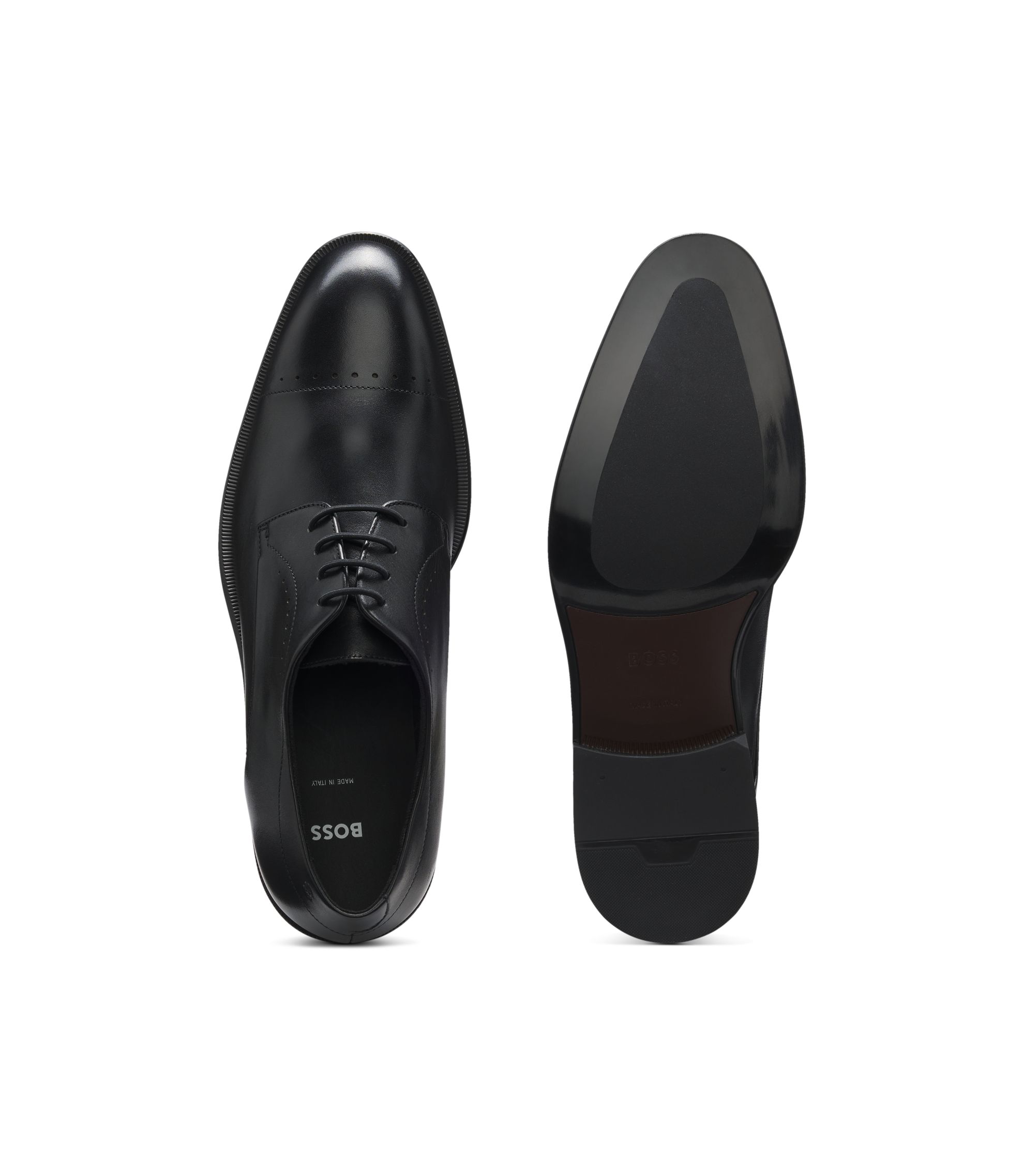 BOSS - Italian-made Derby shoes in leather with cap toe - Black