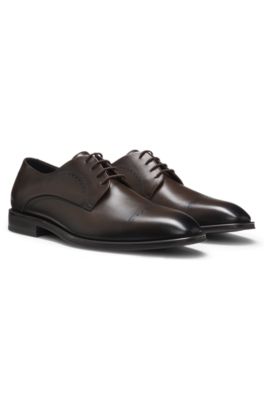 Italian-made Derby shoes in leather with cap toe, Dark Brown