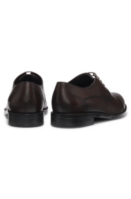 Italian-made Derby shoes in leather with cap toe, Dark Brown