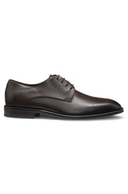 Italian-made Derby shoes in leather with cap toe, Dark Brown