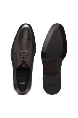 Italian-made Derby shoes in leather with cap toe, Dark Brown