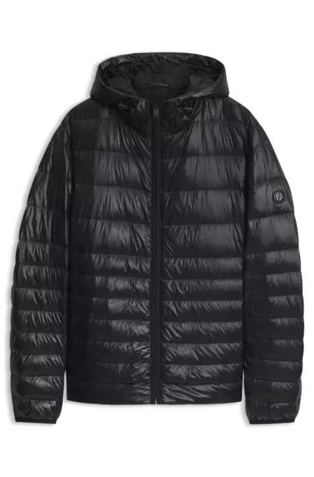 Hooded down jacket in water-repellent fabric
