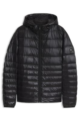 Hooded down jacket in water-repellent fabric, Black