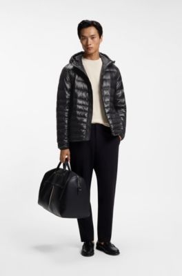 Hooded down jacket in water-repellent fabric, Black