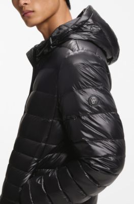 Hooded down jacket in water-repellent fabric, Black