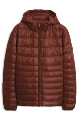 Hooded down jacket in water-repellent fabric, Brown