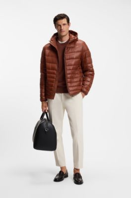 Hooded down jacket in water-repellent fabric, Brown