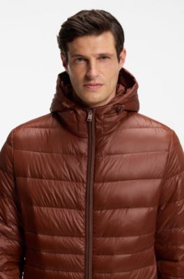 Hooded down jacket in water-repellent fabric, Brown
