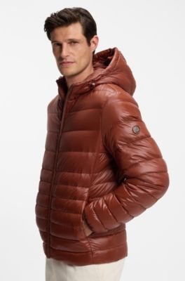 Hooded down jacket in water-repellent fabric, Brown