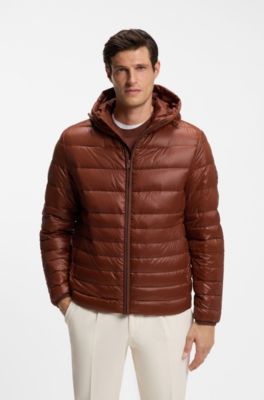 Hooded down jacket in water-repellent fabric, Brown