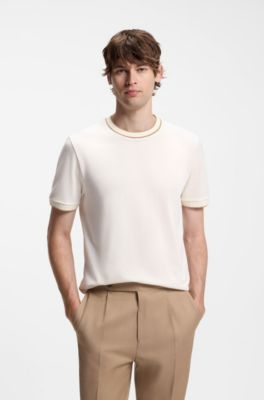 Camisa regular fit de algod&oacute;n con estructura y detalles de ribetes, Blanco