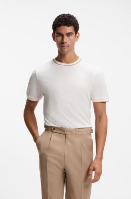 Regular-fit T-shirt in structured cotton with tipping details, White