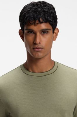 Regular-fit T-shirt in structured cotton with tipping details, Khaki